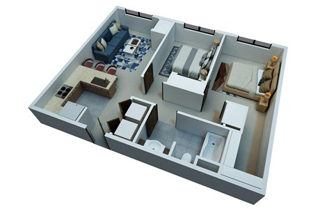 Floor plan for 2 beds, 1 bath, 883 sqft
